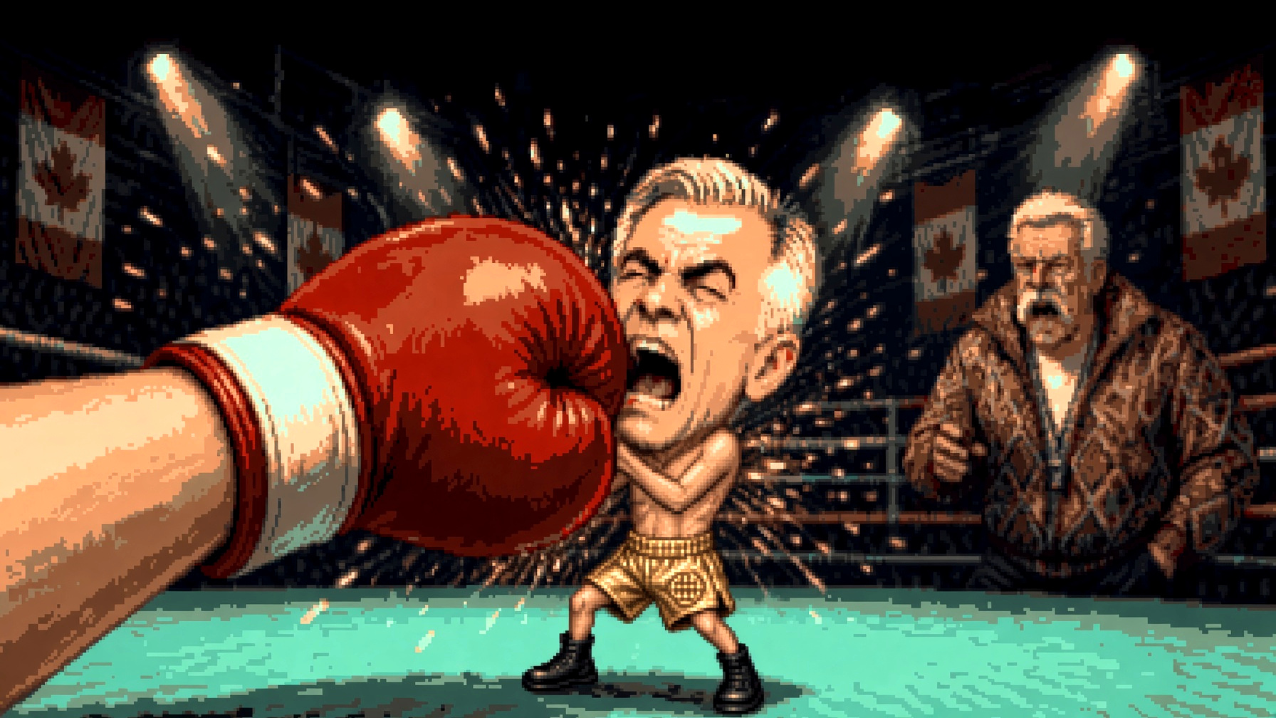 Pixel-art Mark Carney in shock, scrawny fight trunks, as a giant red boxing glove on a pale forearm smashes his face. Coach Mac yells from the corner.